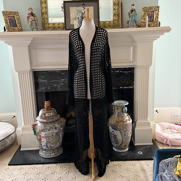 Jackets & Blazers - Black open weave crocheted maxi jacket sweater!